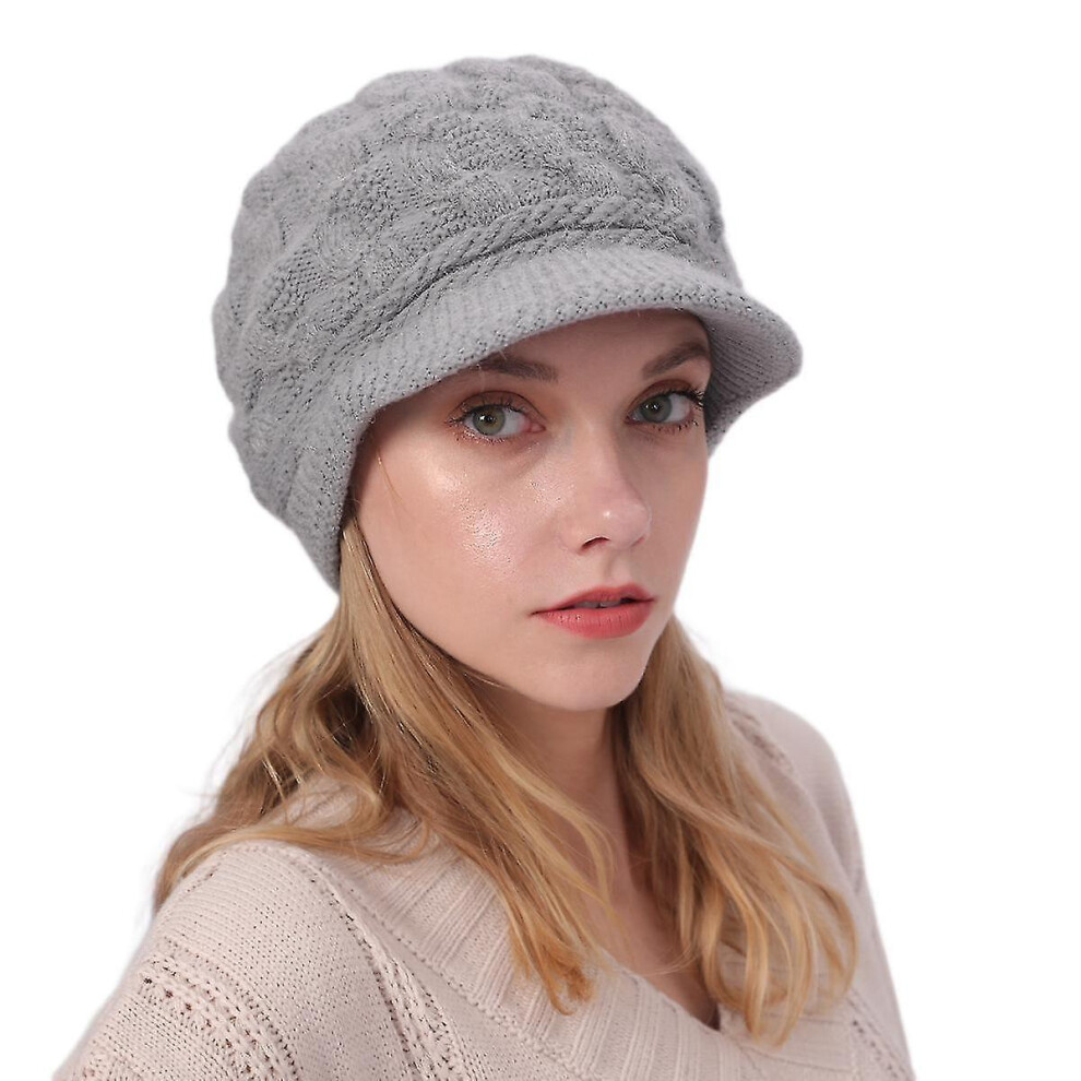 (Light ) Womens Winter Beanie Hat Warm Knitted Slouchy Wool Hats Cap With Visor Grey