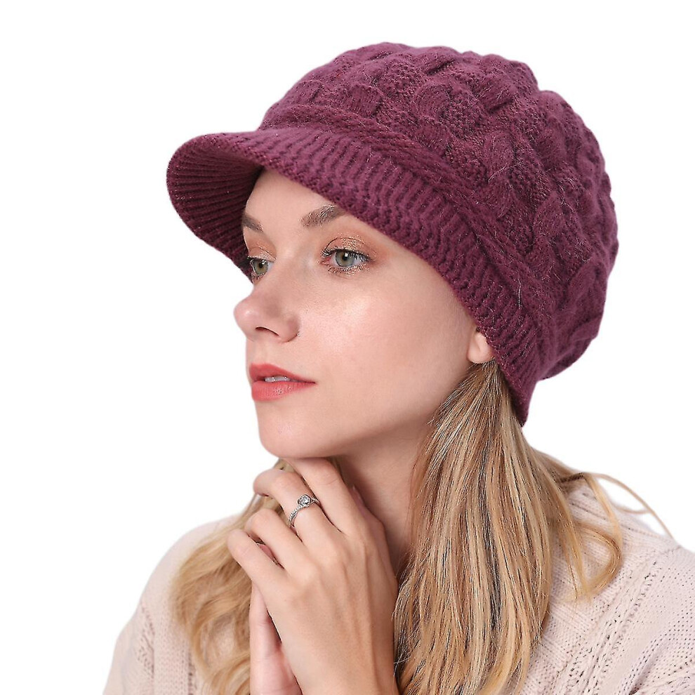 (Rose ) Womens Winter Beanie Hat Warm Knitted Slouchy Wool Hats Cap With Visor Red