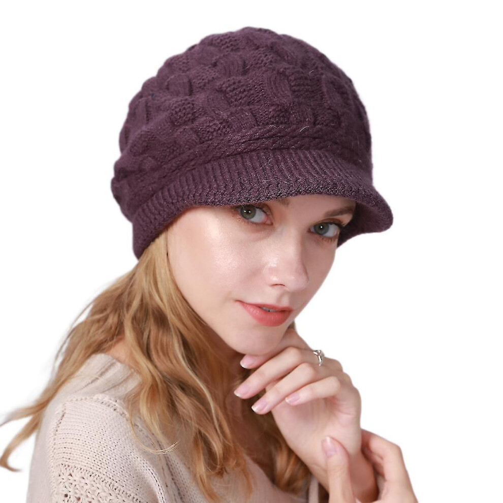 (Deep ) Womens Winter Beanie Hat Warm Knitted Slouchy Wool Hats Cap With Visor Purple