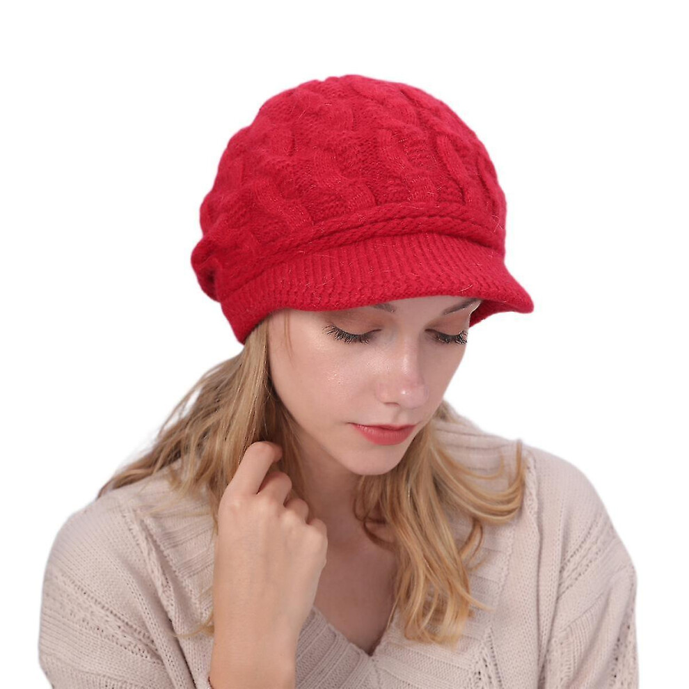 (Red) Womens Winter Beanie Hat Warm Knitted Slouchy Wool Hats Cap With Visor Red