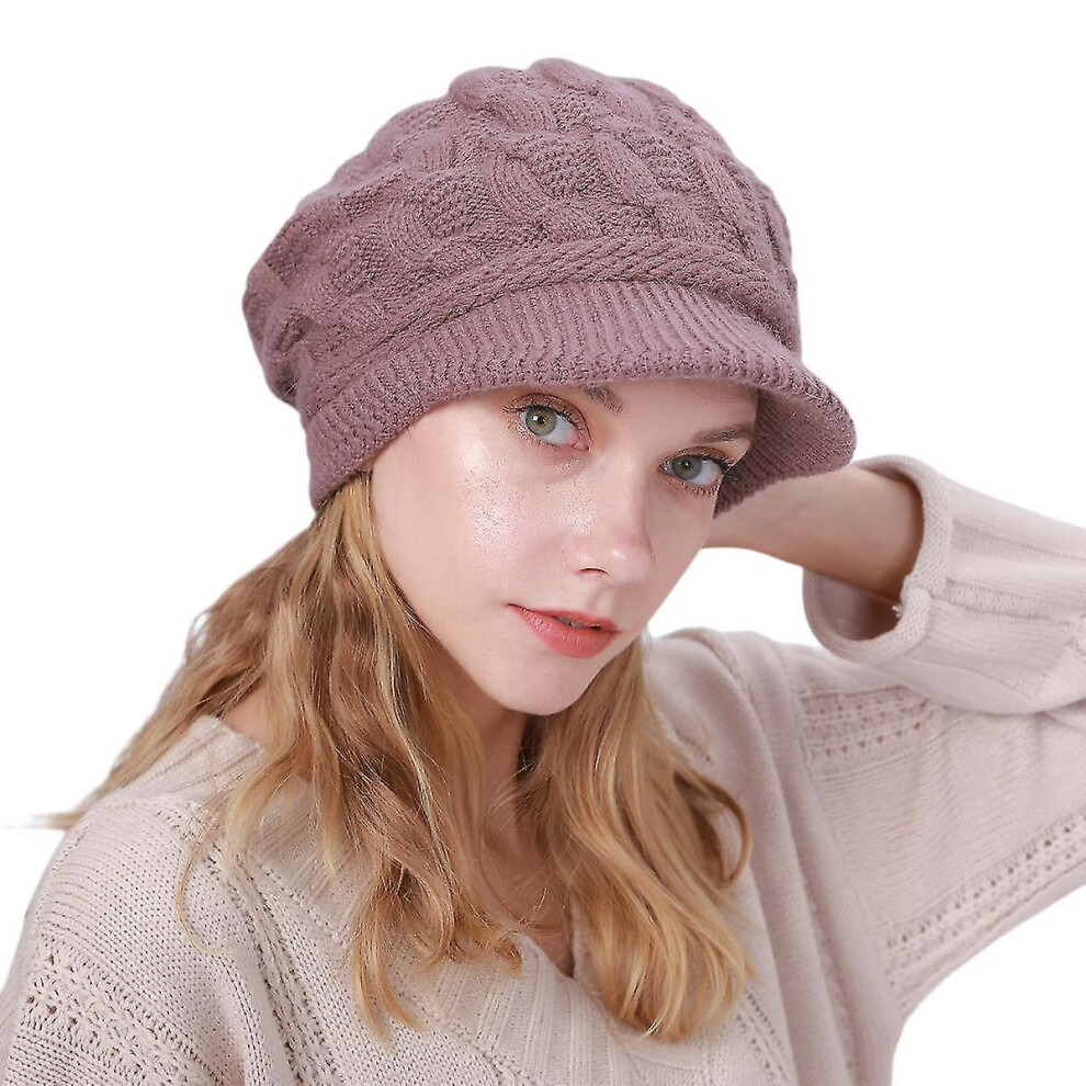 (Light ) Womens Winter Beanie Hat Warm Knitted Slouchy Wool Hats Cap With Visor Purple