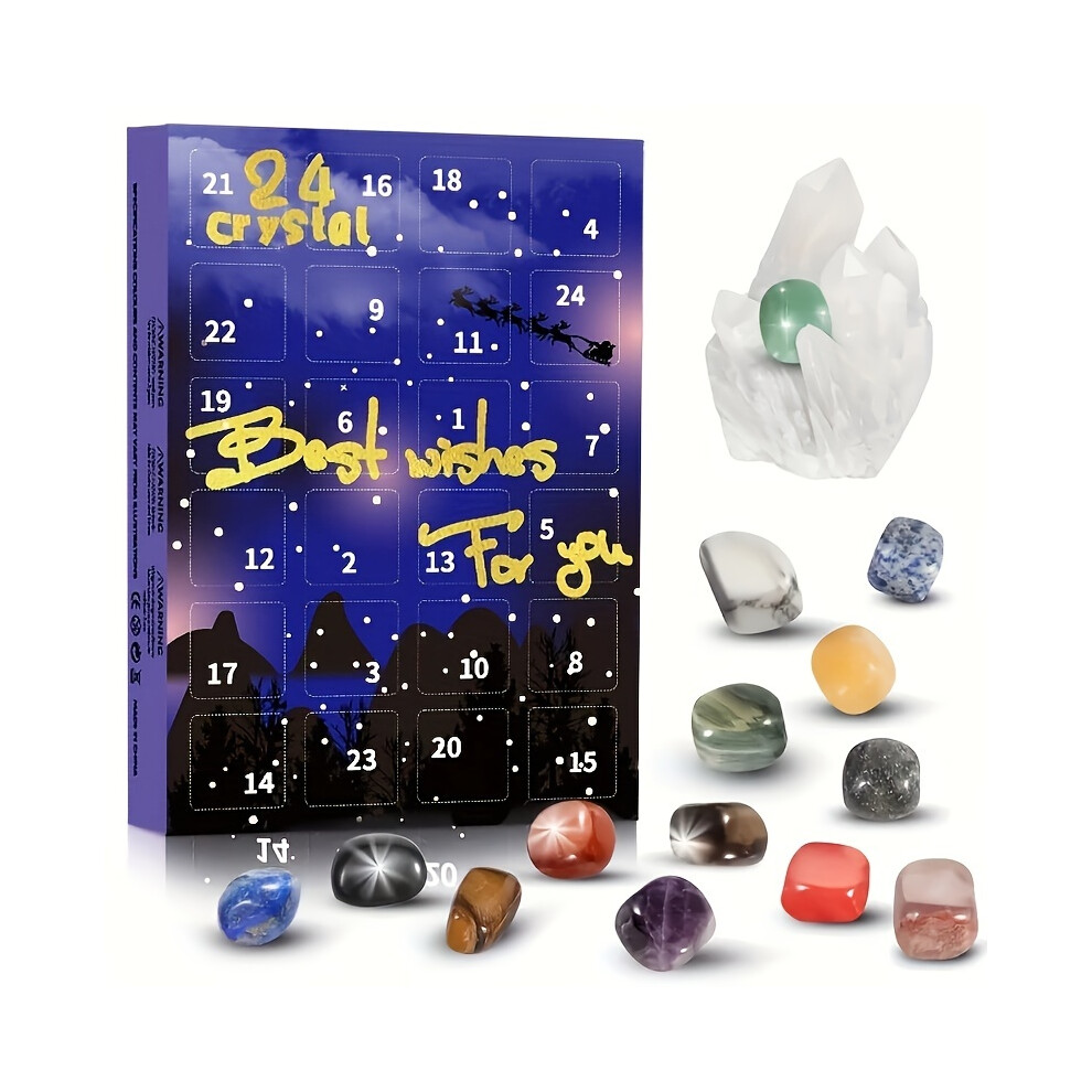 (Blue) 1Set Christmas Gemstone Advent Calendar, 24 Natural Crystal Gemstones Stone