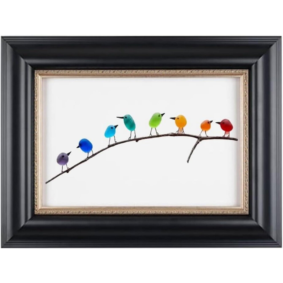 (Black Frame, 8 Birds) Sea Glass Rainbow Birds, Sea Glass Art, Sea Glass