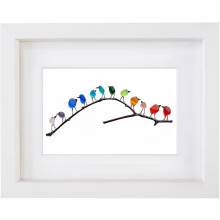 (White Frame, 12 Birds) Sea Glass Rainbow Birds, Sea Glass Art, Sea Glass
