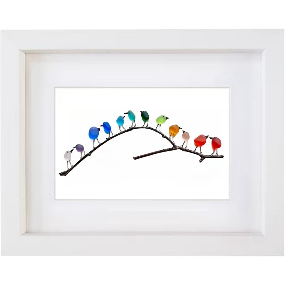 (White Frame, 12 Birds) Sea Glass Rainbow Birds, Sea Glass Art, Sea Glass