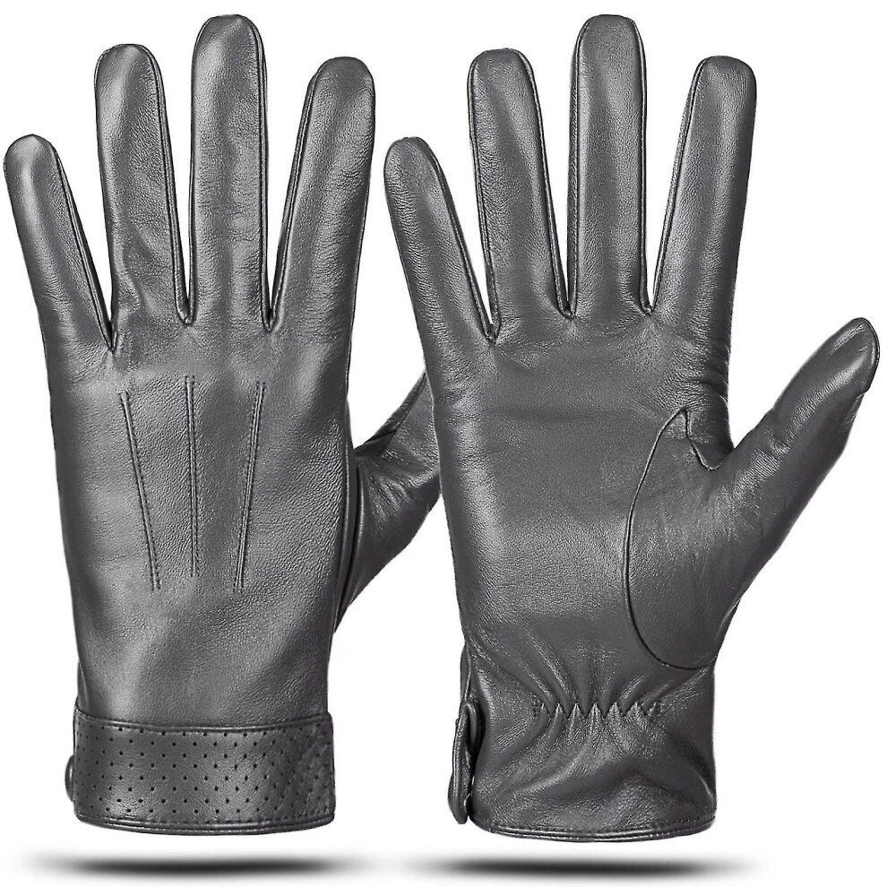 (Grey, L) Winter Genuine Sheepskin Leather Gloves For Men, Warm Touchscreen Texting Cashmere Lined Driving Motorcycle Gloves