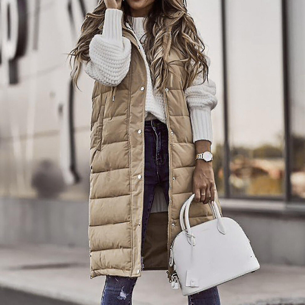 (Beige, S) Women's Solid Color Hooded Single-breasted Mid-length Padded Vest Sleeveless Pocket Jacket