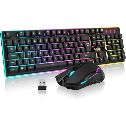 (Black) Wireless Gaming Keyboard and Mouse Combo, LED Backlight Rechargeable 3800mAh Battery, Mechanical Feel Keyboard and Mouse for PC Gamers (Black)