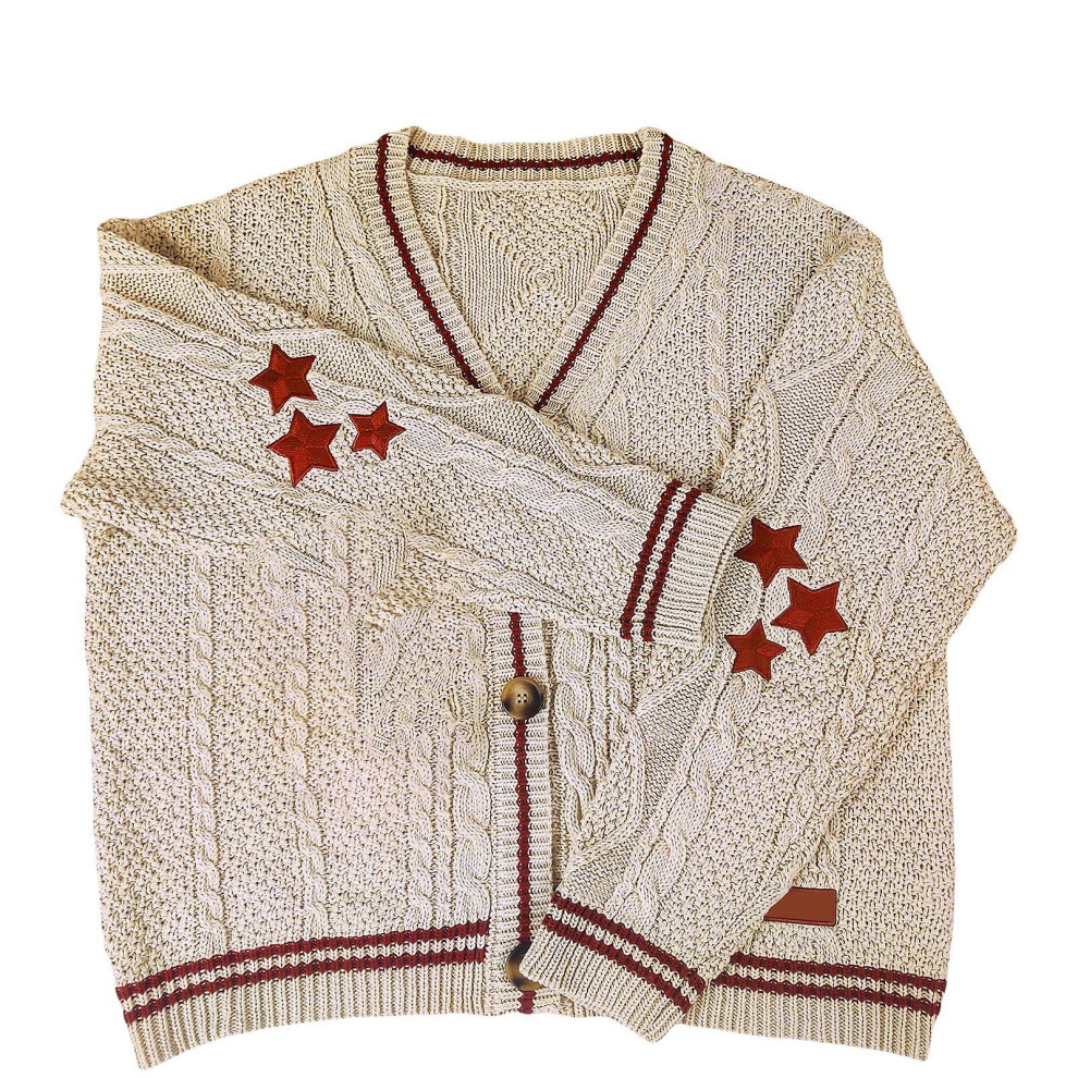 (M) Handmade Red Star Folklore Cardigan Star Embroidered Merch Oversized Cute Hand-knitted Holiday Sweater