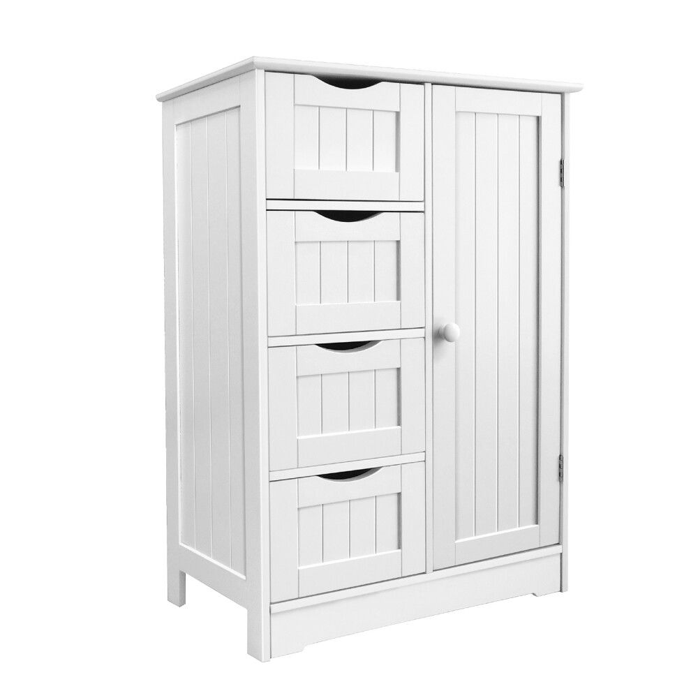 Wooden Storage Unit with 4 Drawers, Single Door, Adjustable Shelf Bathroom Floor Storage Cabinet