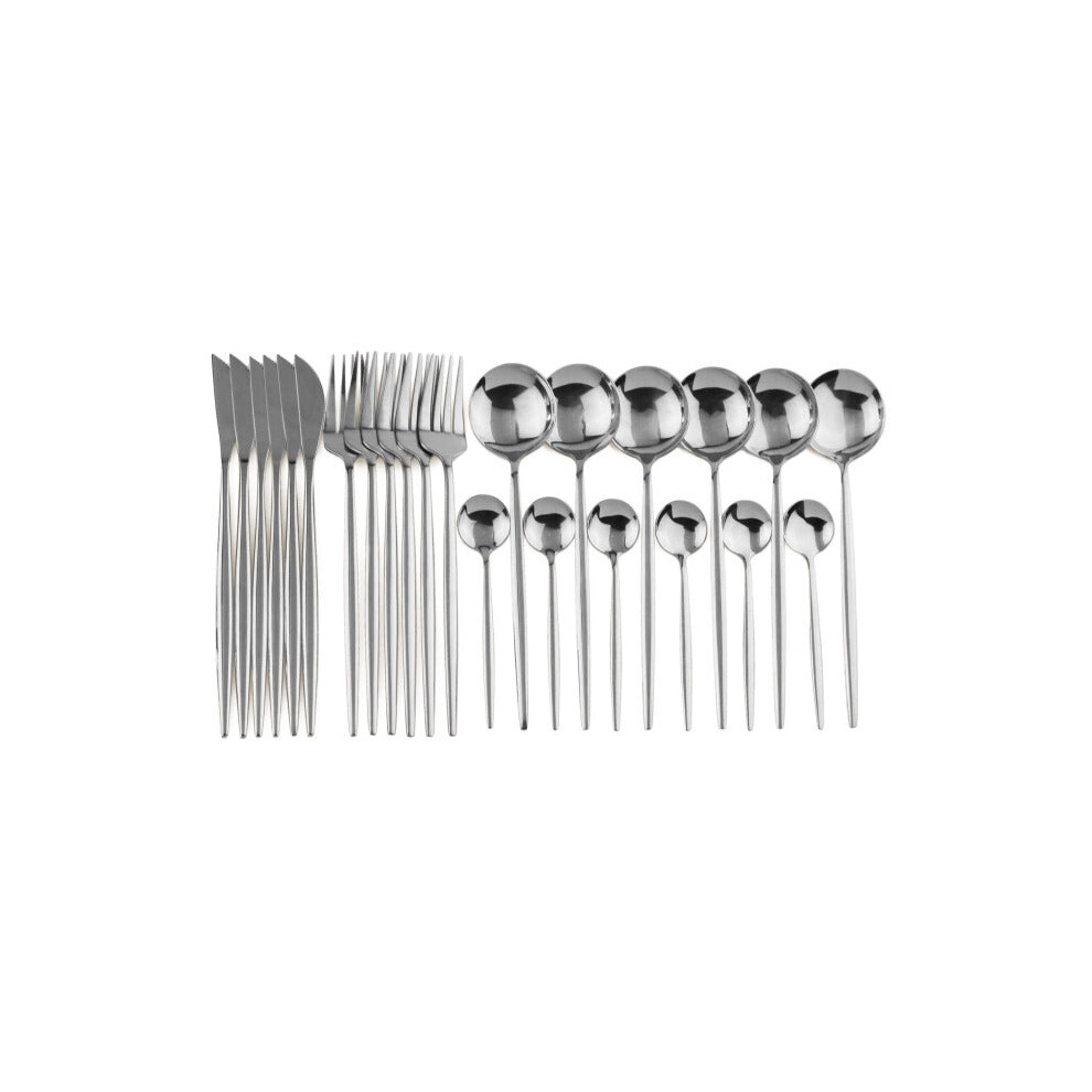 (Silver, 1) 24pcs Stainless Steel Cutlery Set Fork Knife Spoon Tableware Flatware