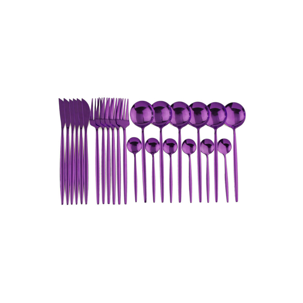 (Purple, 1) 24pcs Stainless Steel Cutlery Set Fork Knife Spoon Tableware Flatware