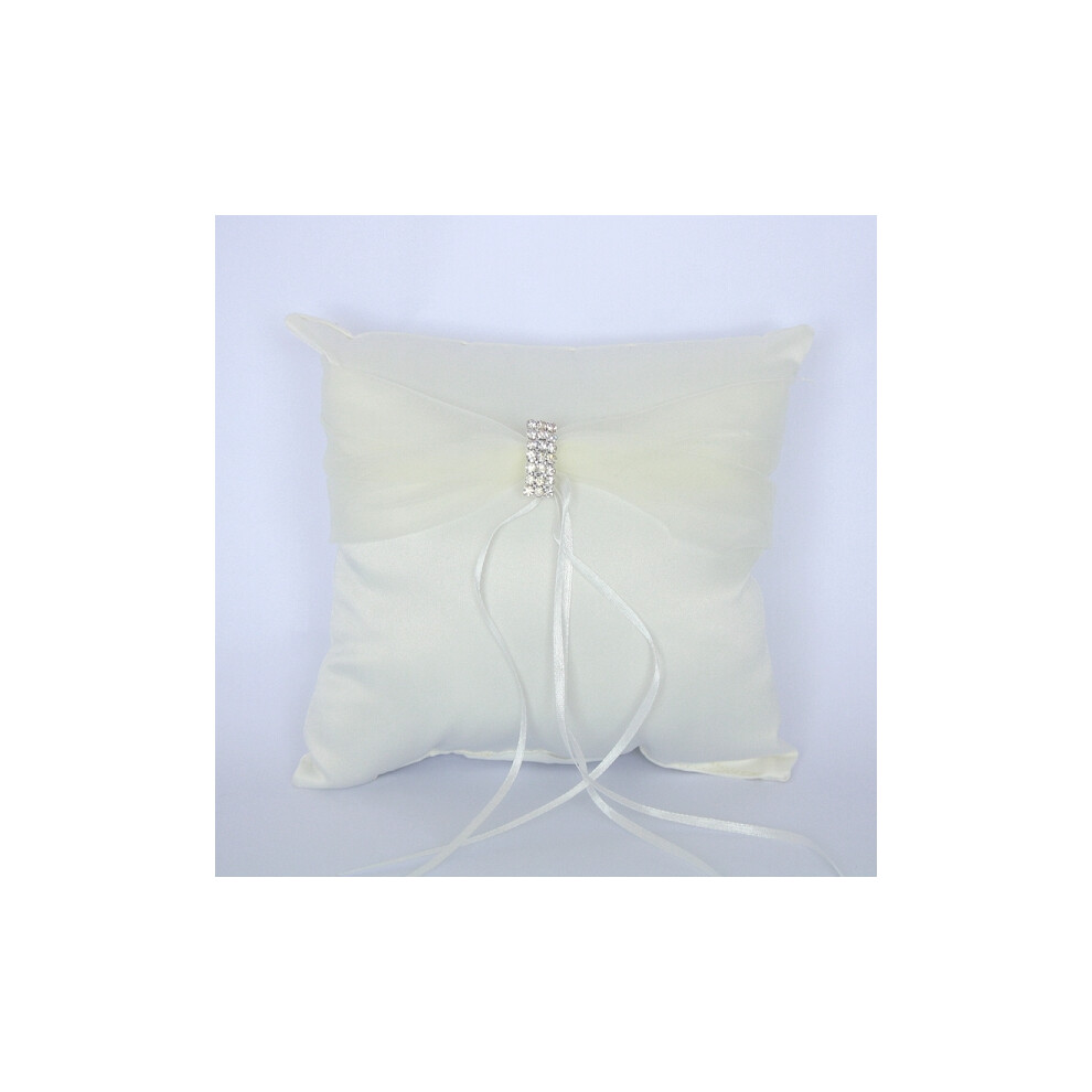 Satin Ring Pillow with Sash & Rhinestone Accent ~ Ivory / White