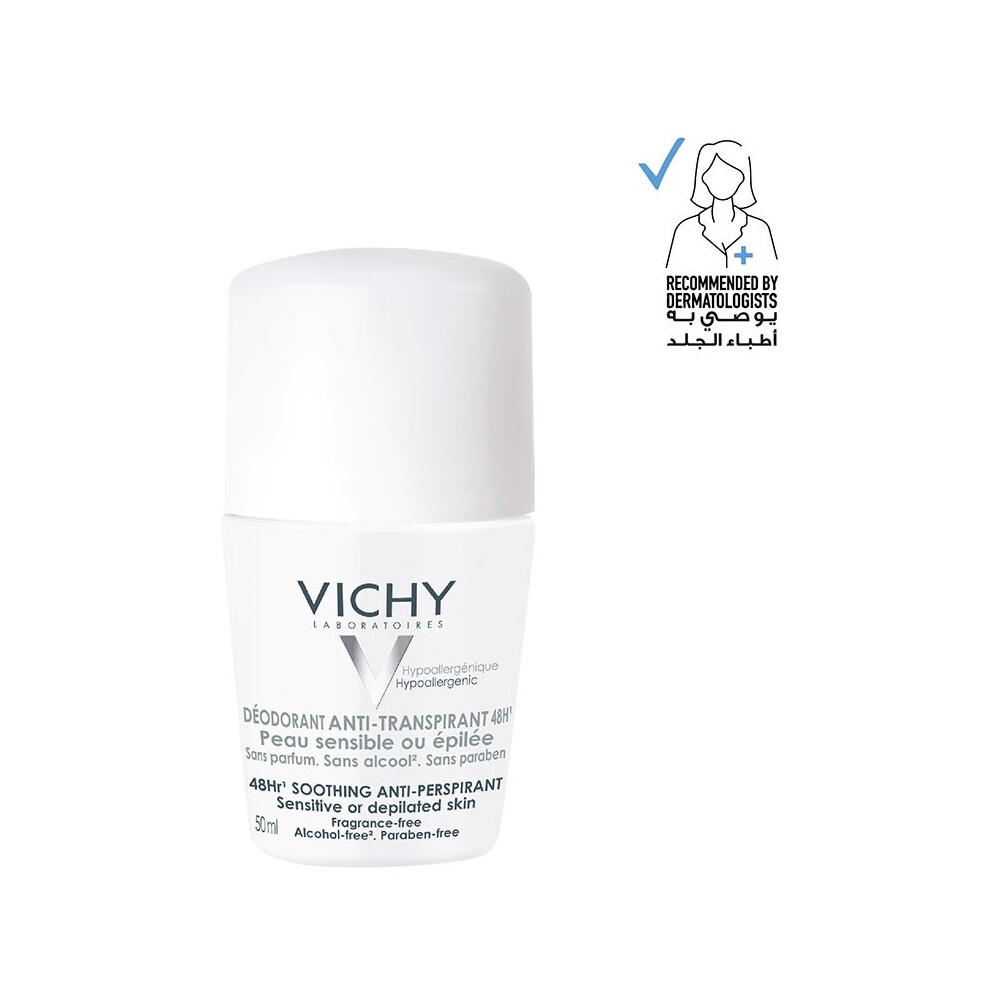 Vichy 48 Hours Soothing Anti-Perspirant Deodorant 50ml|Sensitive/Depilated Skin|Long-lasting Freshness & Protection|Roll-on Deo