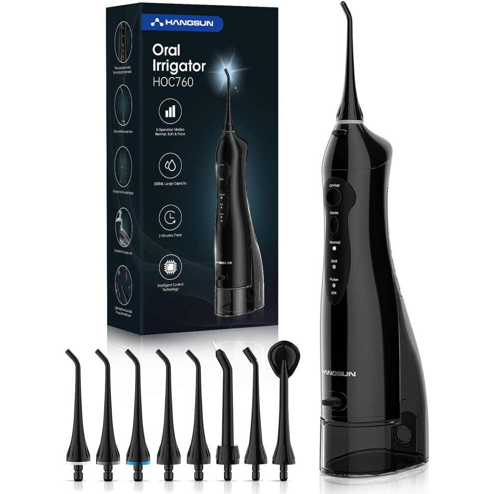 Hangsun Cordless Water Flosser & Oral Irrigator - 3 Modes (Normal/Soft/Pulse), 300ml Tank, IPX7 Waterproof, 8 Rotatable Jet Tips, 21-Day Battery