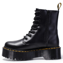 (Black, 37/23.5cm) Genuine leather Jadon thick-soled 8-hole Martin boots for women high-top side zipper British short boots platform sole lace-up boots for women