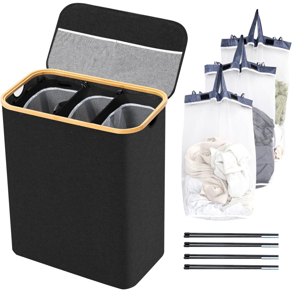 (Black) Laundry hamper with lid, large laundry hamper, 3 compartments with handles, collapsible laundry hamper with 3 removable bags, dirty laundry bin