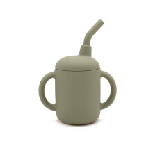 (Grey) Silicone Training Sippy Cup with Straw and Handles