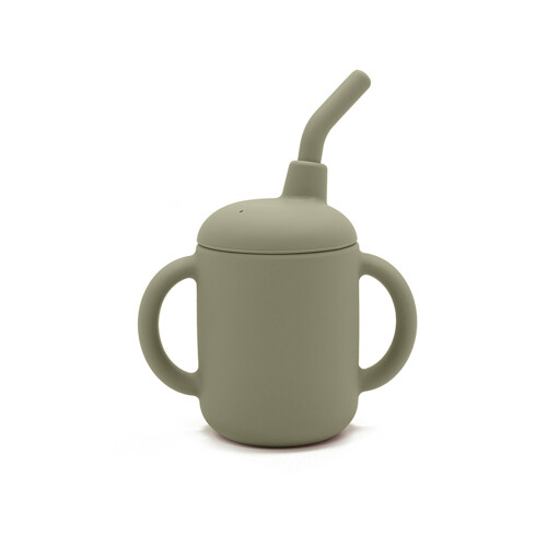 (Grey) Silicone Training Sippy Cup with Straw and Handles