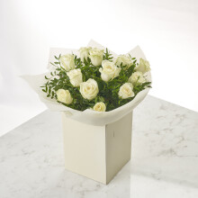 Pure Delight: Elegant Twelve White Rose Hand-Tied Bouquet for New Beginnings & Celebrations