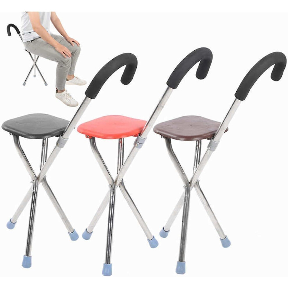 Red (Red) Foldable Crutch W/ Seat 3 Legs Handle Cane Walking Stick Unisex For Elderly,100% New