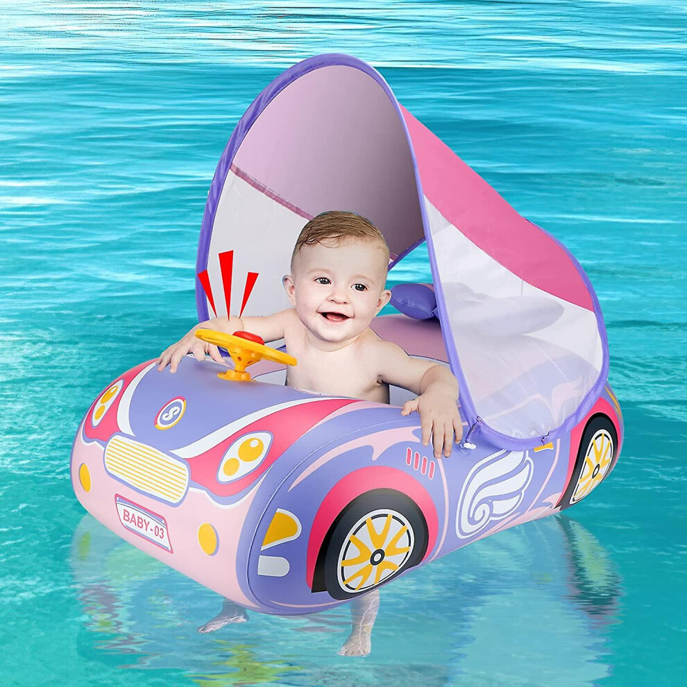 (, With Canopy) Baby Pool Float With Canopy,Car Shaped Baby Floats With Steering Wheel Pink