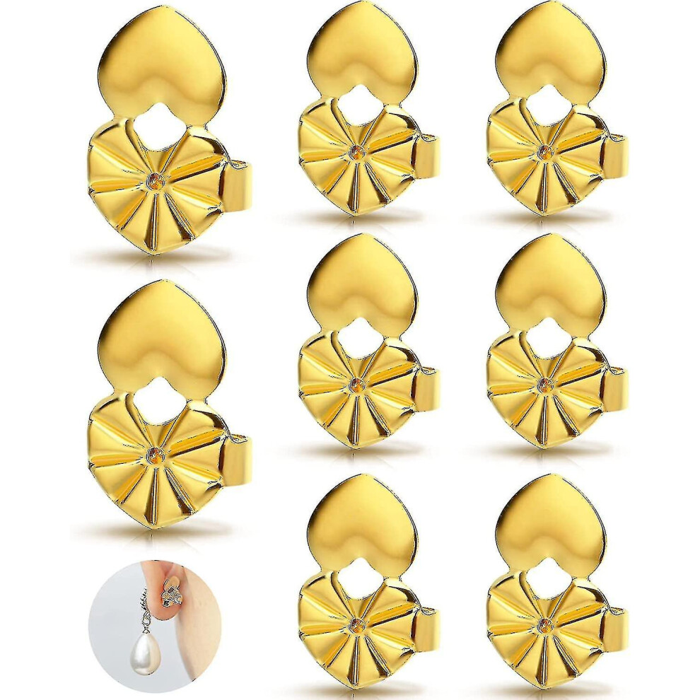 (Gold) 4 Pairs Earring Lifters, Hypoallergenic Heart Earring Backs For Droopy Ears Adjustable For Heavy Earring