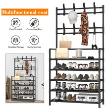 New Coat and Hat Stand 8 Hooks Metal Shoe Rack 5 Tiers Shelf Hanger Black