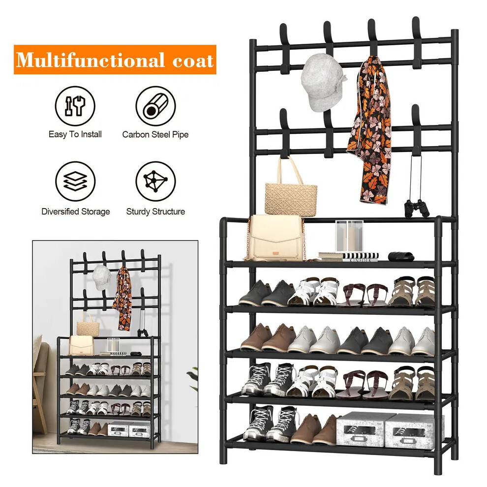 New Coat and Hat Stand 8 Hooks Metal Shoe Rack 5 Tiers Shelf Hanger Black