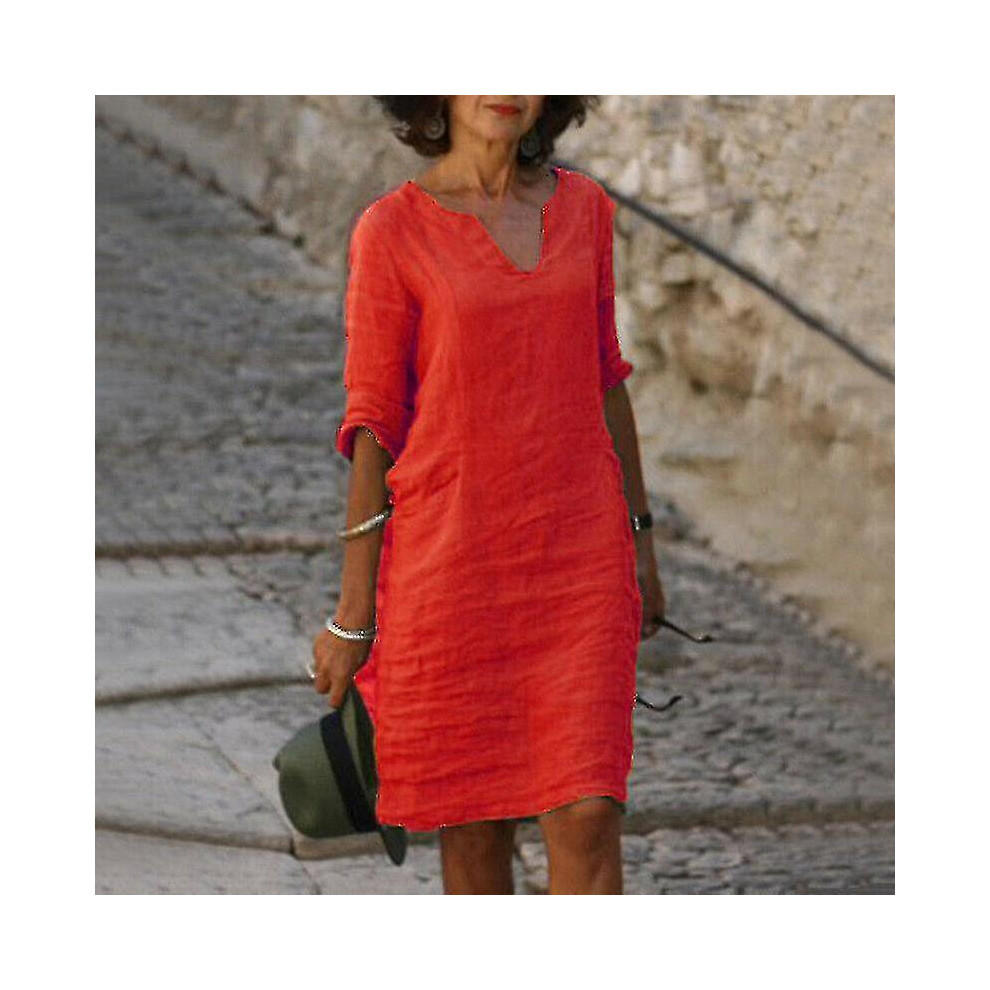 (red, 3XL) Women's Short Sleeve Cotton Linen Midi Dress Ladies Solid V Neck Baggy Sundress-image-OPC-PDXVQTP-NEW