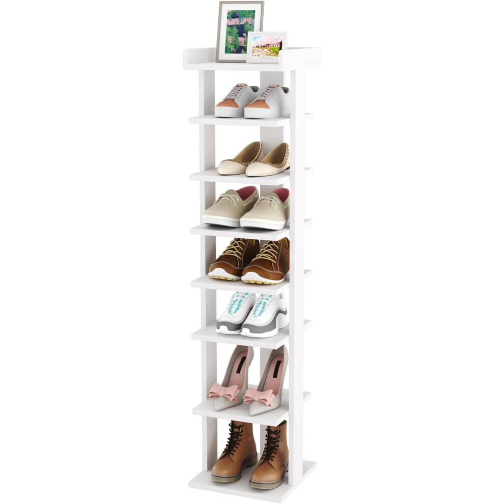 (7 Grids, White) Narrow Shoe Rack, 7 Tier Wooden Shoe Rack, Vertical Shoe Cabinet, Shoe Organiser for Narrow Closet, Entryway, Hallway, Bedroom