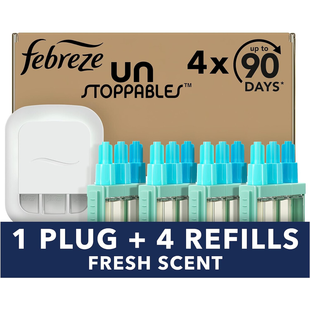 Febreze Unstoppables 3Volution Plug In Air Freshener Starter Kit, Plug-In Diffuser: 1 Plug + 4 Refill Sets, Electronic Odour Eliminator For Home