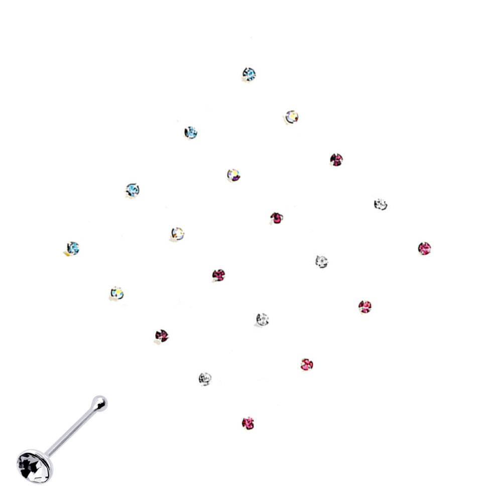 Jewelco London Ladies Sterling Silver Multi Colour Crystal Nose Studs - Pack of 20 2mm - NP1