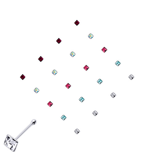 Jewelco London Jewelco London Ladies Sterling Silver Multi Colour Square Cubic Zirconia Nose Studs - Pack of 20 2mm - NP6