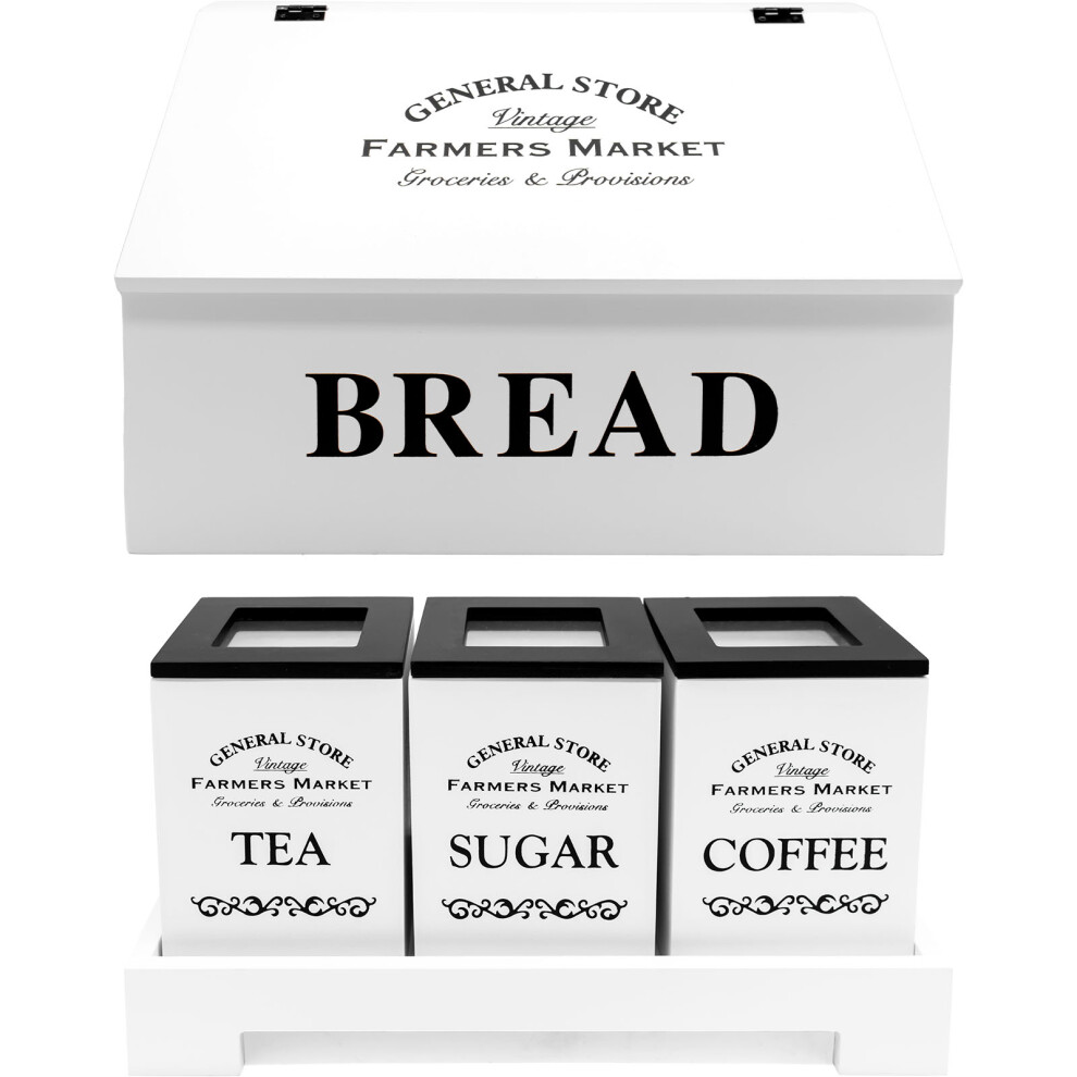 White Tea, Coffee Sugar Jars + Bread Bin Wooden Spice Storage Bundle