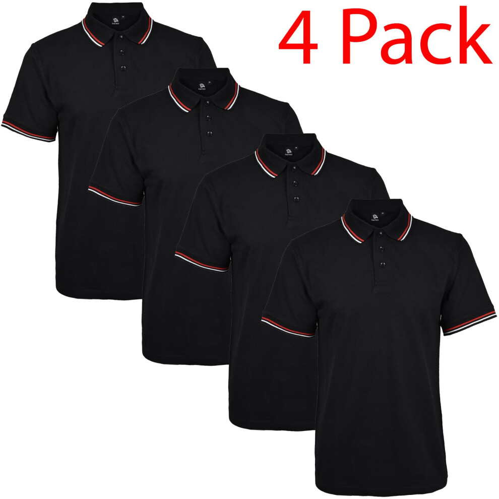 (Black - Tip, M) Mens Polo Shirt ShortSleeve Tipping Top Tee 4 Pack