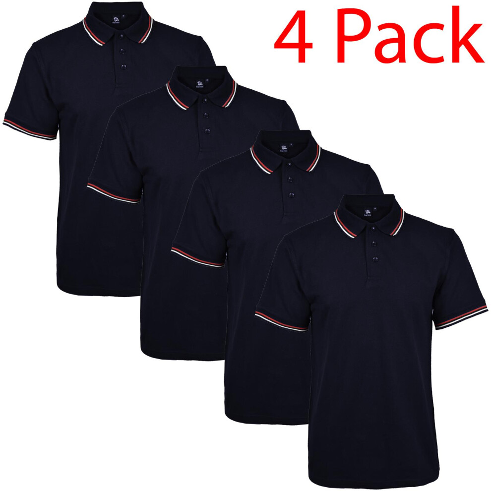 (Navy - Tip, L) Mens Polo Shirt ShortSleeve Tipping Top Tee 4 Pack