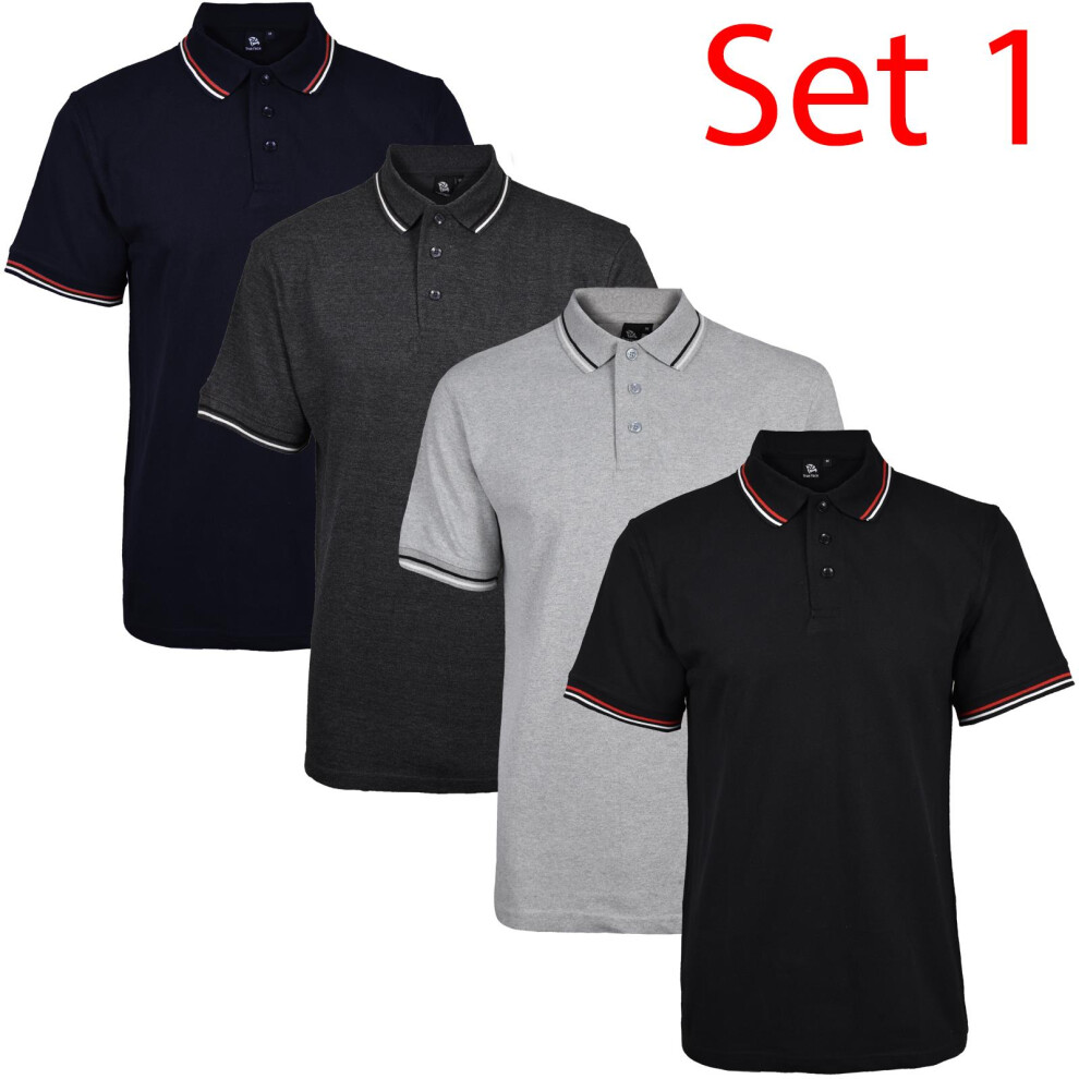 (Set 1 - Tip, L) Mens Polo Shirt ShortSleeve Tipping Top Tee 4 Pack