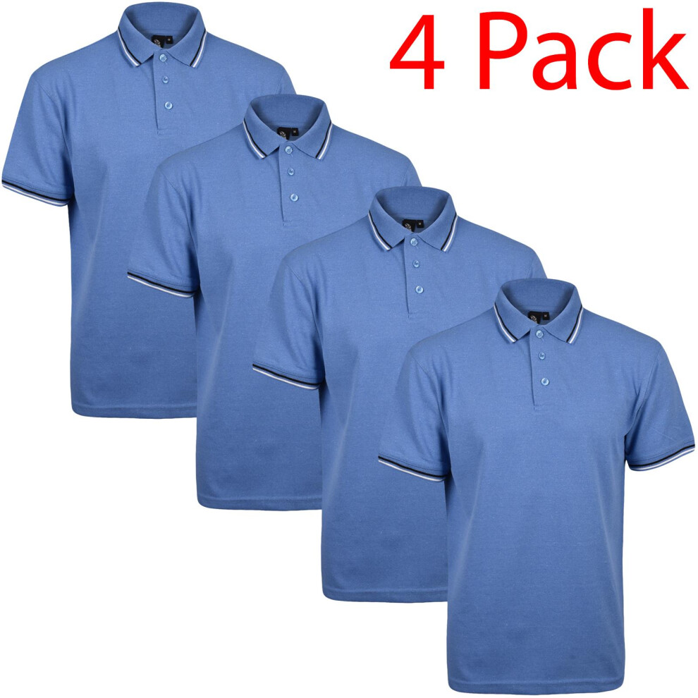 (Blue - Tip, M) Mens Polo Shirt ShortSleeve Tipping Top Tee 4 Pack