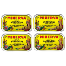 4 x 120g Cans Sardines Fish in Spicy Olive Oil with Pickles Minerva
