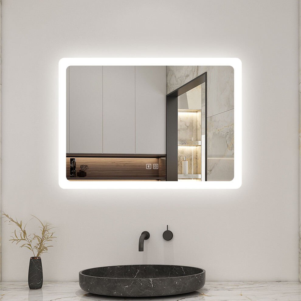 Aica 50X70cm Bluetooth Bathroom Mirror With Shaver Socket And Speaker, Anti-Fog Demister, 3-Color Led Lights, Dimmer, Memory Function, Ip44 Silver