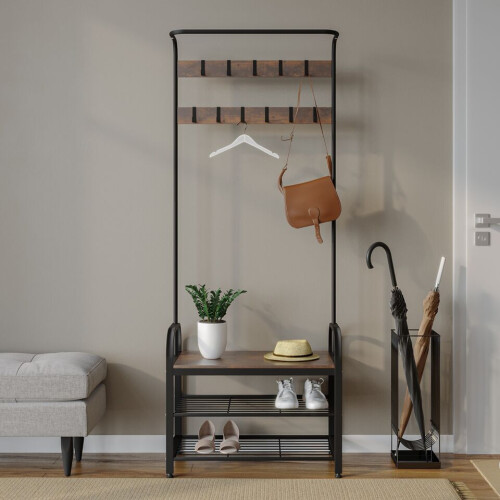 URBN Living (Black & Rustic Oak) Entryway Hallway Coat Hanger Hooks Stand