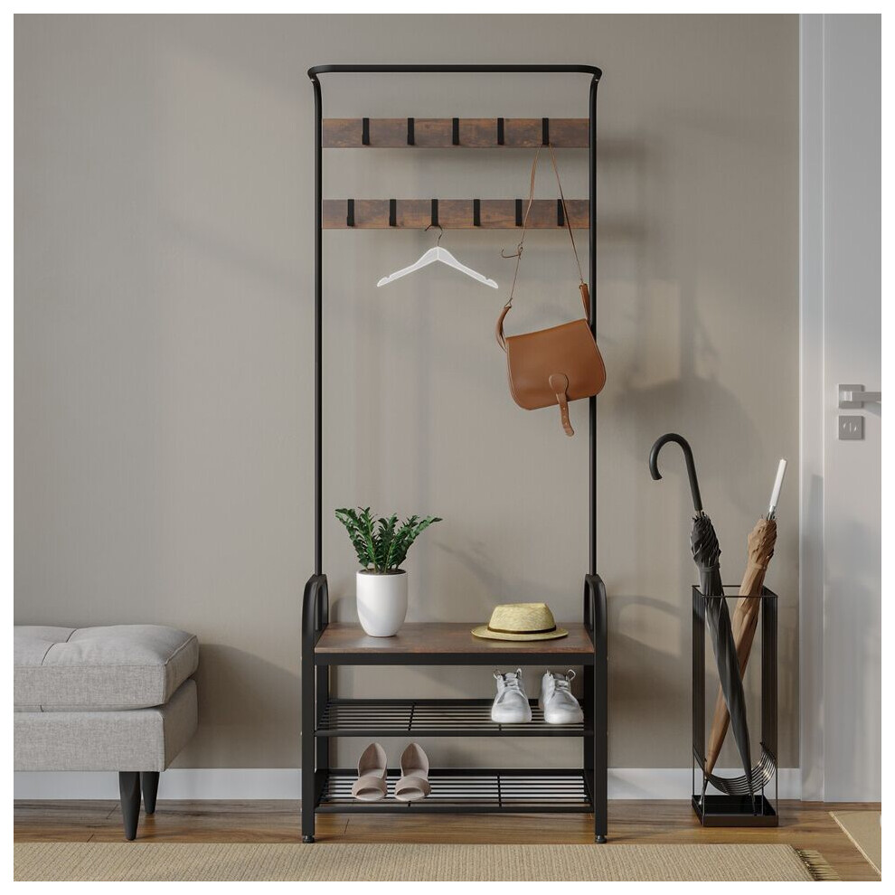 (Black & Rustic Oak) Entryway Hallway Coat Hanger Hooks Stand