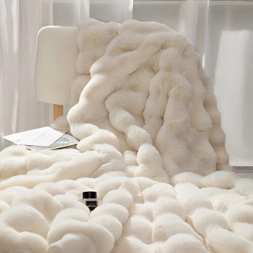 (White) 1pc Bubble Fleece Blanket, Thickened Warm Solid Color Imitation Se Rabbit Blanket