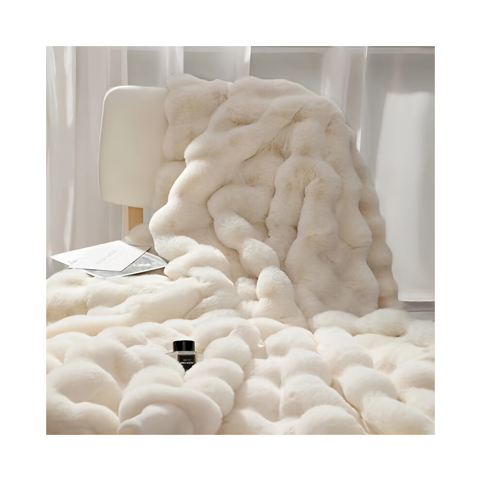 Flemye (White) 1Pc Bubble Fleece Blanket, Thickened Warm Solid Color Imitation Se Rabbit Blanket