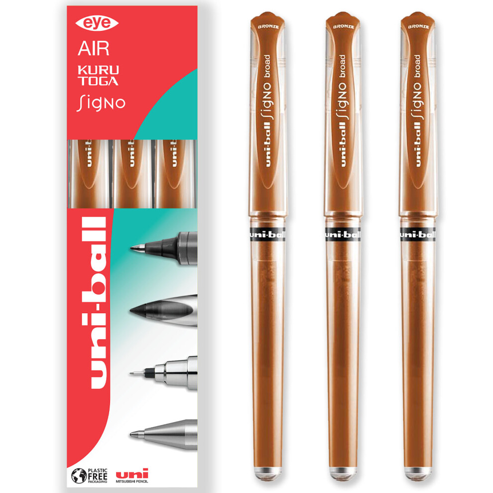 Uni-Ball Signo Pen Broad Metallic Gel Ink Rollerball - 1mm Tip Nib 0.65mm Line - Rubber Grip - UM-153 - Bronze - Pack of 3