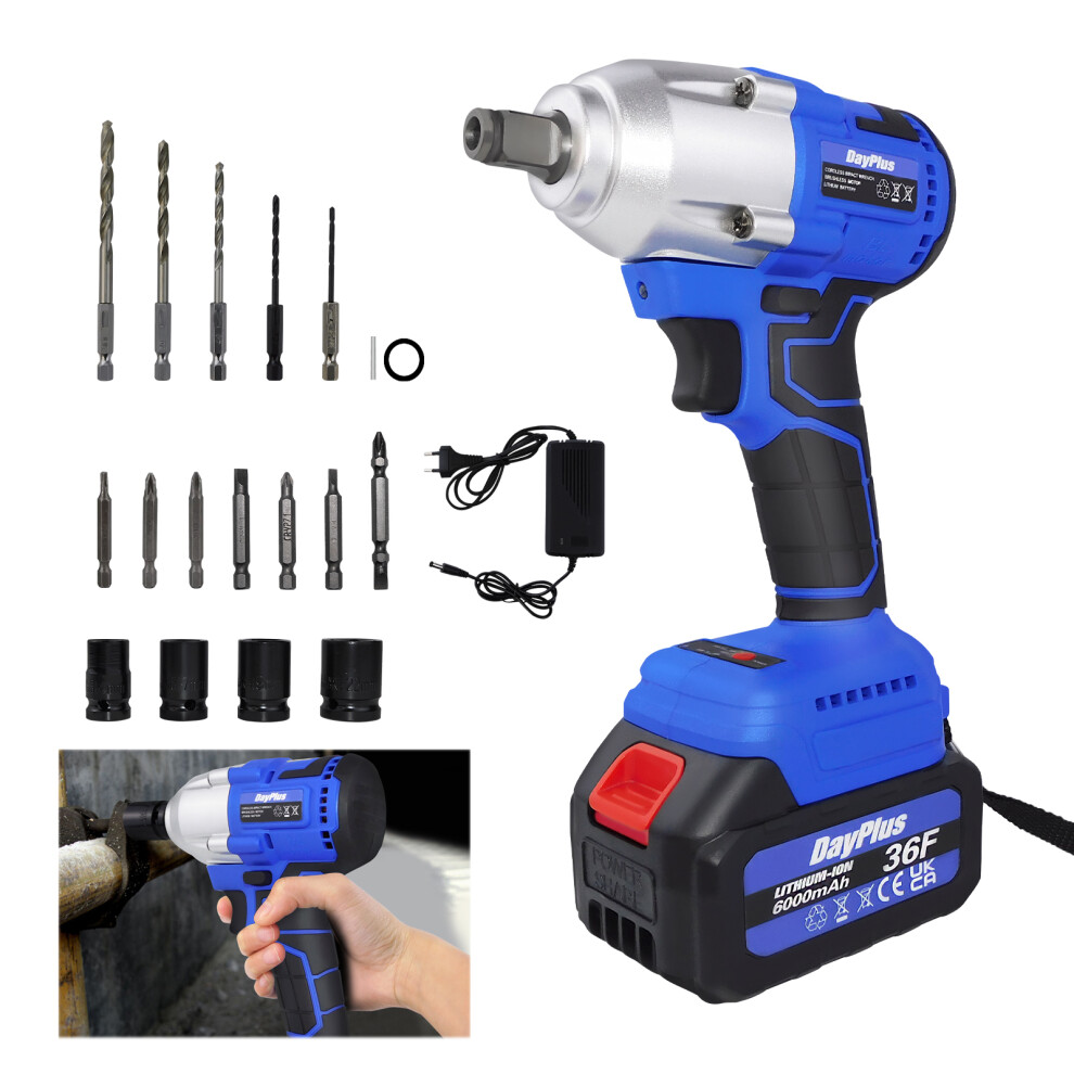(with 1x6.0Ah Battery) Brushless Impact Wrench Kit High Torque 3200RPM with 4pcs Sockets Case Drilling Bits 1/2inch Cordless Impact Gun For Car Tires Home