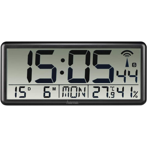 Hama Jumbo Large LCD Digital Wall Clock Atomic/Radio Controlled Adjust World - Black