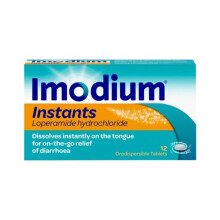 Imodium Instants Loperamide Hydrochloride 2mg Tablets 12's|Treatment of sudden, short-lived attacks of diarrhoea