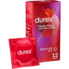 Durex Thin Feel Extra Lube Condoms, Regular Fit, 12s, Secure, Natural Latex, with Silicone Lube, Easy On Shape, More Sensitivity